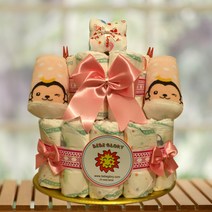기저귀케이크2단 베베슈 하기스기저귀28개+양말+무형광손수건 포함 완성품, 여아용_3단계_백일이후용