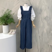 행복여[신상무배]콩콩 프릴 와이드 데님 점프슈트