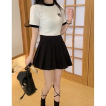DFMEI.봄여름 스커트--Stunning dress. 라운드 자수 슬림 반팔 티 a라인 스커트