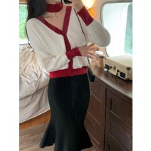 레드 빈티지 가을 겨울 브이넥 박시 니트 카디건 코트 니트 머메이드 스커트