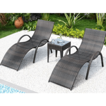 선텐의자 야외 선배드 라탄 태닝배드 2인 테이블 세트, C타입 눕는 침대 2개 + 작은 티 테이블 B