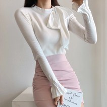 요시아나 [당일발송] 공단 왕리본 골지 슬림핏 니트 티셔츠