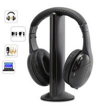 헤드셋 스테레오 이어폰 5 in 1 무선 헤드폰 무선 rf tv dvd pc fm 라디오 무선 헤드폰 재고 있음, 검은색