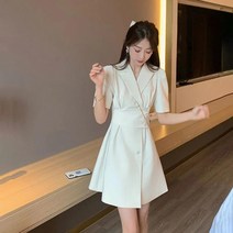 봄 여성 세련된 브이넥 A라인 폴리에스테르 반팔 미니 무지 하객룩원피스 빅사이즈