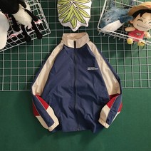 남녀공용 힙합 대표팀 재킷 컬러 블록 바람막이 코트 루즈하고 얇은 대학 패치워크 패션 봄 및 가을, 02 BLUE_04 2XL 75KG 175MM