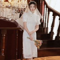 브라이덜샤워 원피스 빅사이즈 화이트 셀프웨딩 이브닝 돌잔치 반목 하이넥 진주 레이스 리본 퍼프소매 슬림핏 미디기장 h라인 옆트임