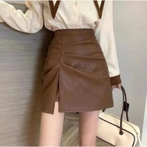 Momolatti 여성 목이 긴 A자 스판 레더 미니 스커트