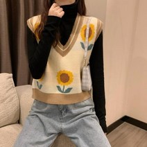 꽃무늬니트 스웨터 조끼 여성 해바라기 레트로 일본식 이쁜 레저 아웃웨어 러블리 십대 유행 시크
