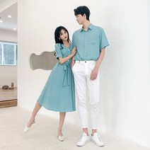 소라색 여름 커플 시밀러룩 웨딩촬영 커플룩 반팔 셔츠 블라우스 스커트 세트