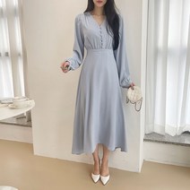 블루밍 콩단추 셔링 플레어 롱 원피스 3color