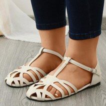여성 샌들 스트랩 여자 여름 통굽 솔리드 컬러 가죽 할로우 토 소프트 플랫 버클