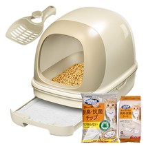 가오 고양이용 시스템 후드형 화장실 + 전용삽 + 모래 + 매트, 베이지