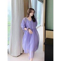 첫사랑 소녀 보라색 원피스 여여름 프렌치 반팔 롱스커트
