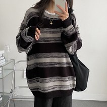 스윗라떼 [남녀공용/오버핏] 유니크 스트라이프 믹스 루즈 니트 티셔츠 2color