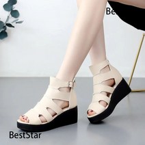 자칠 천연소가죽 스트랩 오픈토 봄 여름 부츠 앵클 통굽 샌들 6cm
