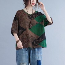 여성 린넨블라우스 진짜가나타났다 이인옥 강봉님 에스닉 블라우스 격자 무늬 꽃 여름 셔츠 캐주얼 패션