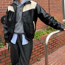 가죽 바시티 카라 레더 자켓 점퍼 밑단 밴딩 유광 오버핏 커플룩 아우터 라이더 남친룩 커플룩