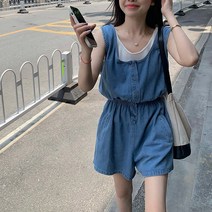 민소매 나시 허리밴딩 데님컬러 점프수트 여름 코디 #9999EA