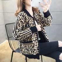 여성 호피무늬 니트 별집업 가디건