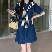 POMTOR 분위기 데님 원피스 여 여름 빅 사이즈 통통 mm 허리 조임 날씬해 보이는 a라인 멜빵 스커트