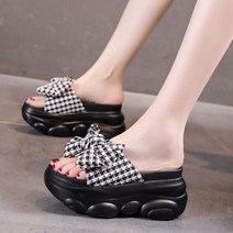 여성 메쉬 체크 왕리본슬리퍼 9cm 키높이 어글리 샌들