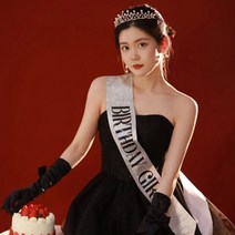 벌스데이 퀸 생일축하 어깨띠+티아라 왕관 메탈릭 생일머리띠 어깨끈 주인공 HBD 기념일 소녀 감성 파티용품, 골드