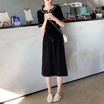 잇츠스타일 단아한 블랙 라인 허리주름 롱 원피스