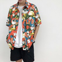 남자하와이안셔츠 바캉스룩 휴양지룩 반팔 꽃 무늬 셔츠 남성 여성용 핸섬 하와이안 비치 루즈 하라주쿠 공