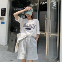 데이홀릭 3003-1 여성 여름 순면 베이직 빈티지 레터링 나염 반팔티
