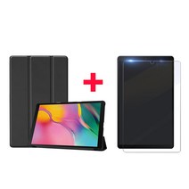 1+1 삼성 갤럭시탭A 10.1 2019 북커버 케이스+강화유리 액정보호필름 SM-T510 T510N T515 T515N, 스마트케이스(검정)+강화유리