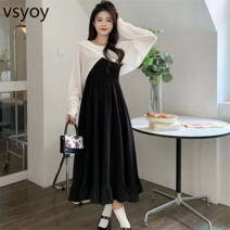 vsyoy 봄과 여름 새로운 긴 짧은 탄성 허리 주름 슬림 블랙 스커트 서스펜더 스커트 불규칙한 접이식 짧은 스웨터 여성