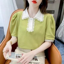 여성 인형넥 반팔티 벌룬소매 카라넥 티셔츠 빅사이즈 블라우스 퍼프 상의