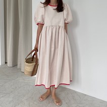 배색리본 퍼프소매 자가드 데이트룩 루즈핏 원피스