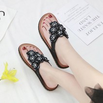 도오빠 드국빌 여성 쪼리 가죽 샌들 플립플랍 꽃무늬 비즈 쿠션 발편한 여름 여자샌들