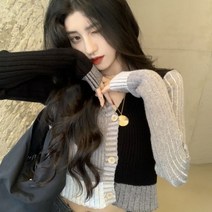 니트볼레로 여성 앤 골지 가디건 배색 데일리