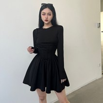미니원피스 라운드 넥 니트 주름 튜닉 원피스 여성 블거치대 올 매치 긴팔 A 스윙 바닥 원피스 하객