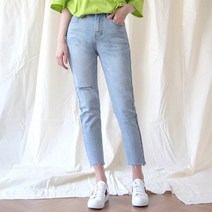여성 일자 언발 컷팅 세미데미지 연청 데님팬츠_GB6668