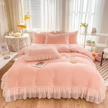 단선레브 아이스 실크 레이스 침대 스커트 세트 --침대 스커트+이불 커버+베개 커버