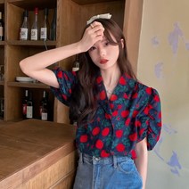 퐁순싸롱 코튼 면 플라워 꽃무늬 퍼프 반팔 셔츠 블라우스 SY