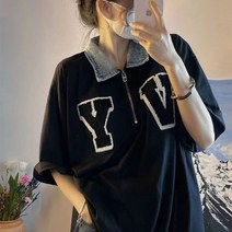 반집업반팔티 아메카지스타일 클래식 티셔츠 남성 여성 와이드 루즈핏 VY 자수 트렌드 데님 카라넥 4844024489, S사이즈, 블랙 데님 티셔츠