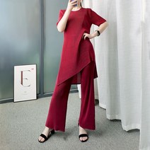 플리츠 투피스 바지 5부 소매 나팔바지 오버핏 언발 중년 하객룩 라운드넥