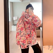 프린트 겨울 코트 여성용 2022 패션 루즈핏 코튼 패딩 쇼트 후드 자켓 파카 아웃웨어 캐주얼 두껍고 따뜻