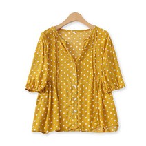 쇼트 여자 도트 반팔셔츠 가을 여성 싱글 버튼 연잎자락 슬림핏 와이셔츠 11785 3199069978