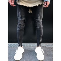 남성 오토바이 스키니 다크 그레이 스트레치 모토 데님 바지 조깅 플러스 사이즈 38 네버 기능 밑단 지퍼 찢어진 무릎 바이커 청바지
