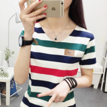 컬러 스트립 V -Neck T- 셔츠 2022 슬림 한 여름 여름 학생 인스턴트 노동자 페리 소스 여성 도매 여성