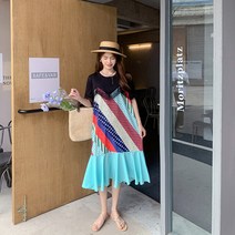쉬폰밑단 배색 빅사이즈 반팔 롱원피스