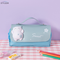 StyleDr 대용량 캔버스 필통 학생 필통 파우치 다용도 필통 수납케이스, 마카롱블루