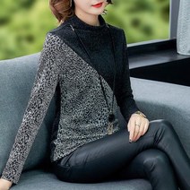 [뽐나] 여성 빅사이즈 심플 세련 사선 호피 무늬 터틀넥 긴팔 티셔츠