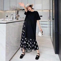 AMlisa 쉬폰원피스 여름 패션 배색 나비무늬 반팔 쉬폰밑단 빅사이즈 롱원피스