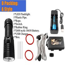 수중렌턴 XMLL2 LED 손전등 다이빙 라이트 방수 토치 18650 또는 26650 배터, D Packing  A Style+Yellow Ligh